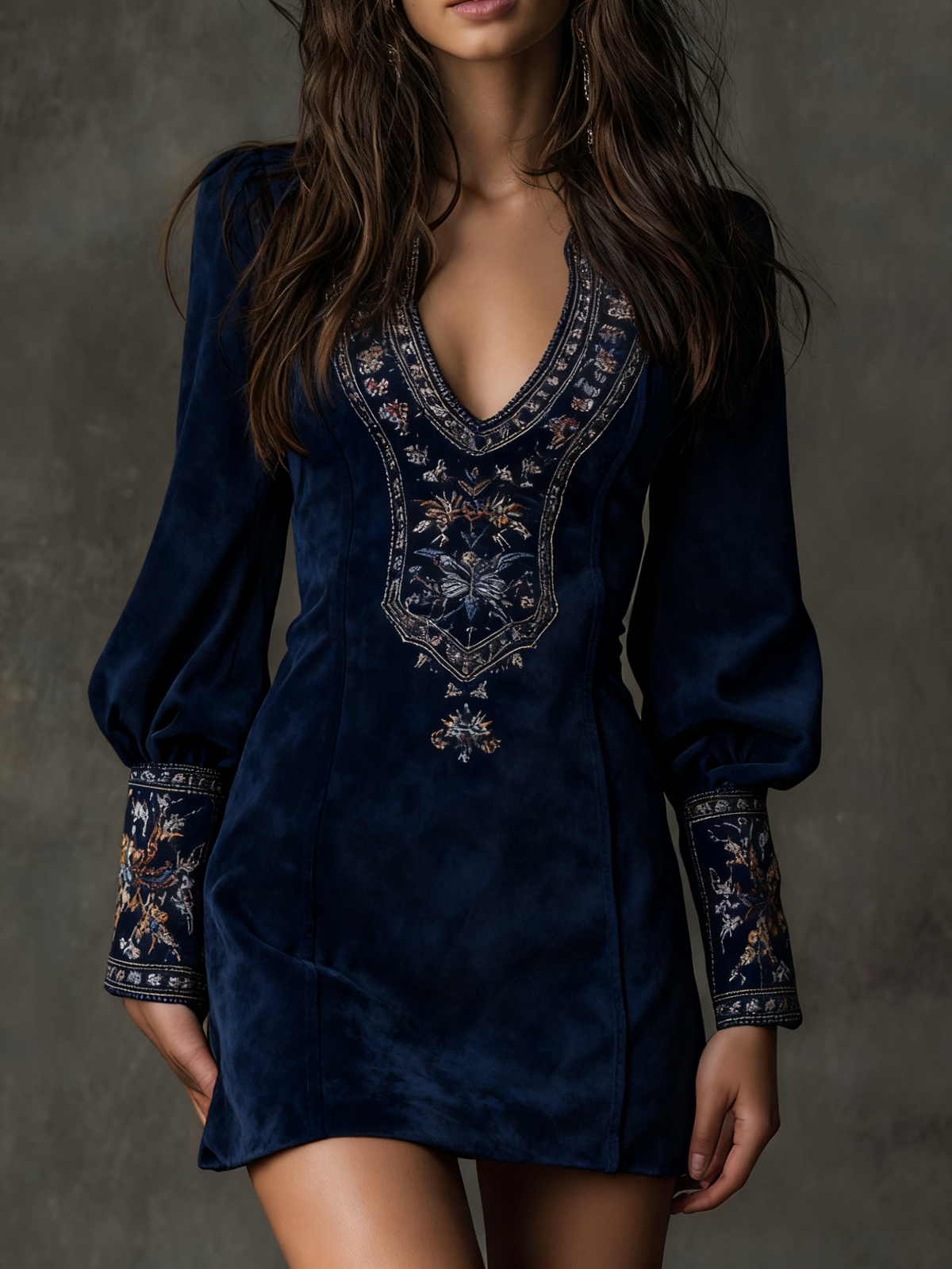 Vestido corto efecto ante bordado manga abullonada
