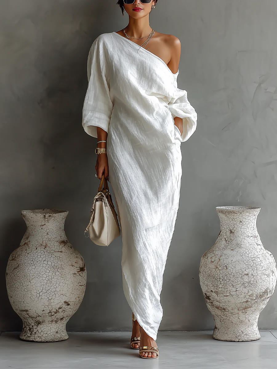 Elise | Elegante Vestido Maxi de Hombro Único de Blanco