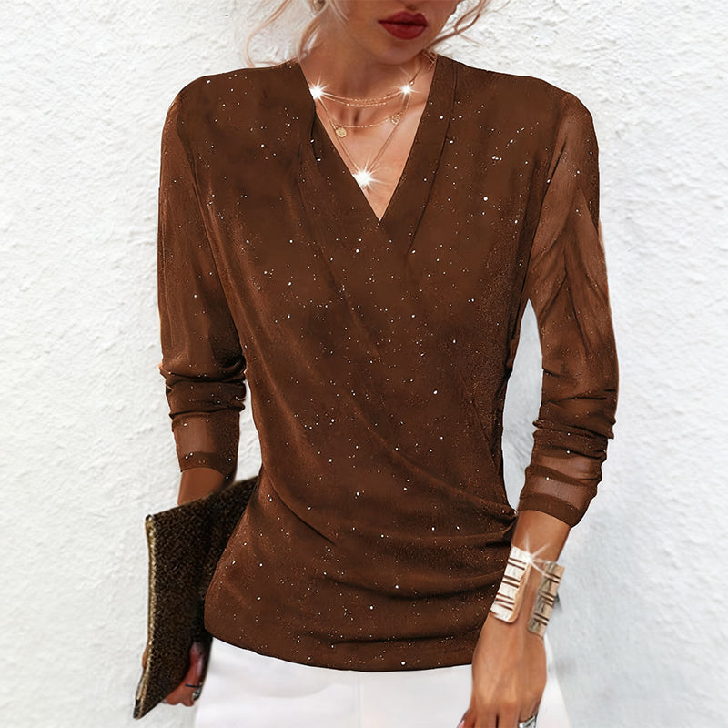 Top de fiesta mujer brillo escote drapeado manga larga