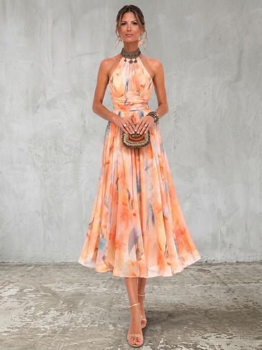 Aurora | Vestido de Cuello Halter y Patrón Acuarela