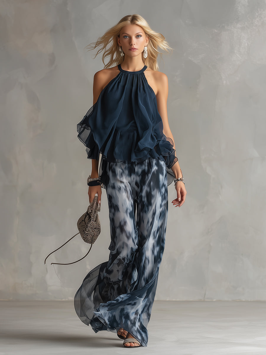 Ludovica | Conjunto Elegante de Gasa con Top de Cuello Alto y Pantalón Estampado de Pernera Ancha