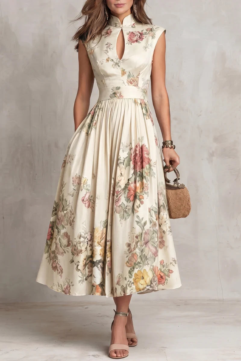 Vestido Midi de Satén Plisado Floral con Cuello con Abertura Negro