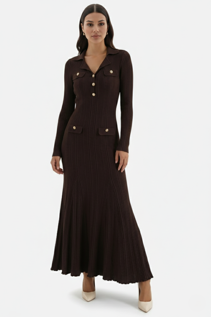 Abigail | Vestido Largo de Punto Canalé con Cuello Polo y Botones Dorados