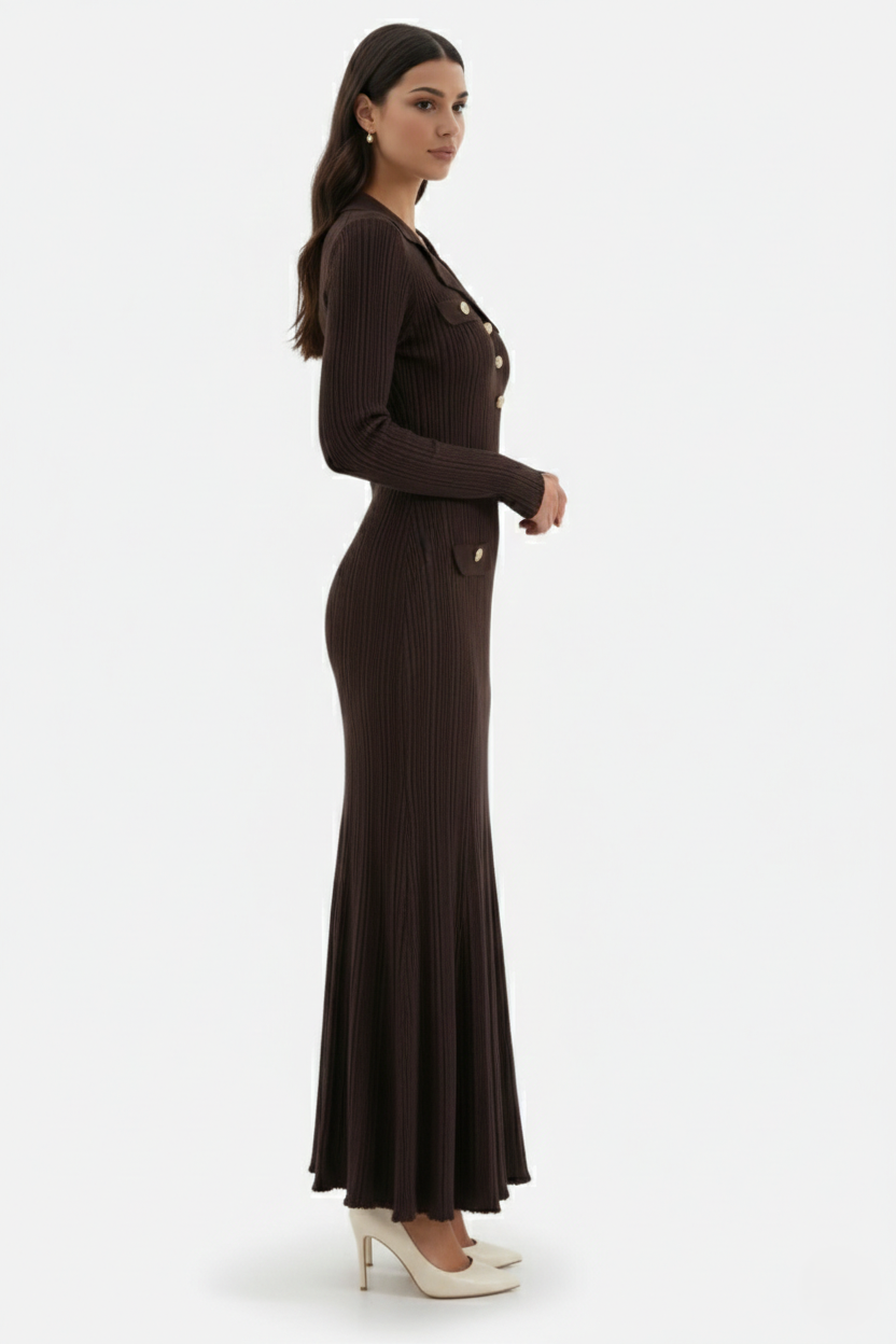 Abigail | Vestido Largo de Punto Canalé con Cuello Polo y Botones Dorados