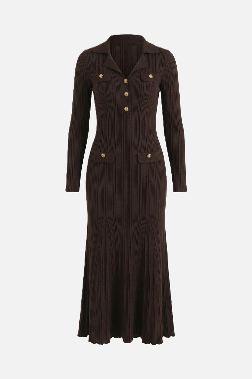 Abigail | Vestido Largo de Punto Canalé con Cuello Polo y Botones Dorados