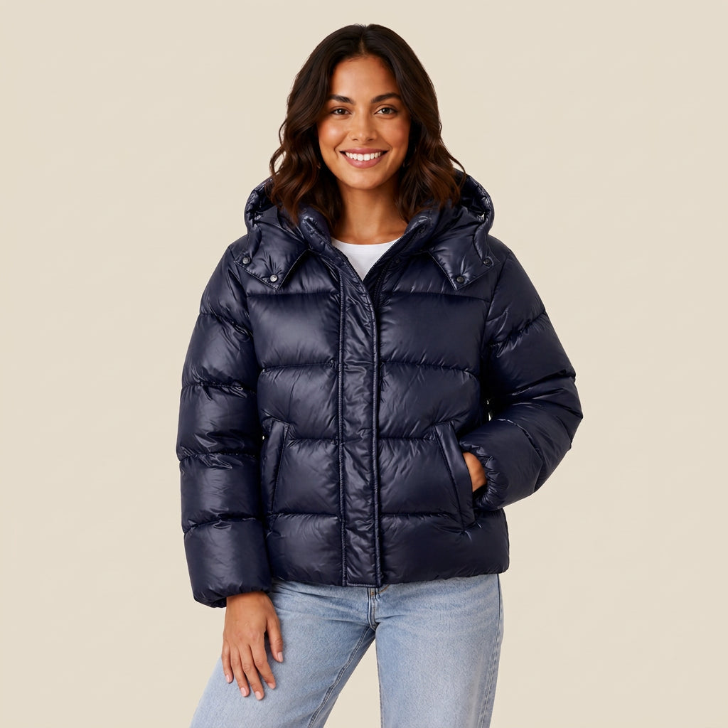 Abril | Chaqueta Acolchada Corta Brillante con Capucha Desmontable - Azul marino