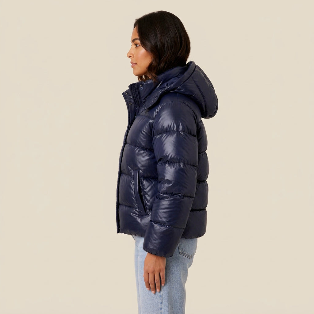 Abril | Chaqueta Acolchada Corta Brillante con Capucha Desmontable