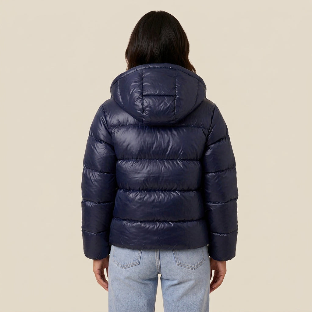 Abril | Chaqueta Acolchada Corta Brillante con Capucha Desmontable