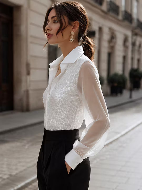 Blusa con Lentejuelas, Mangas Transparentes y Botones Frontales