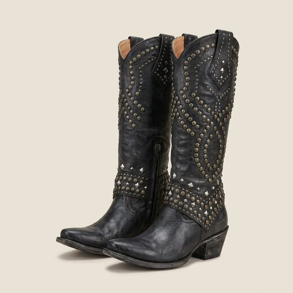 Agueda | Botas Camperas Altas con Tachuelas y Puntera Afilada - Negro