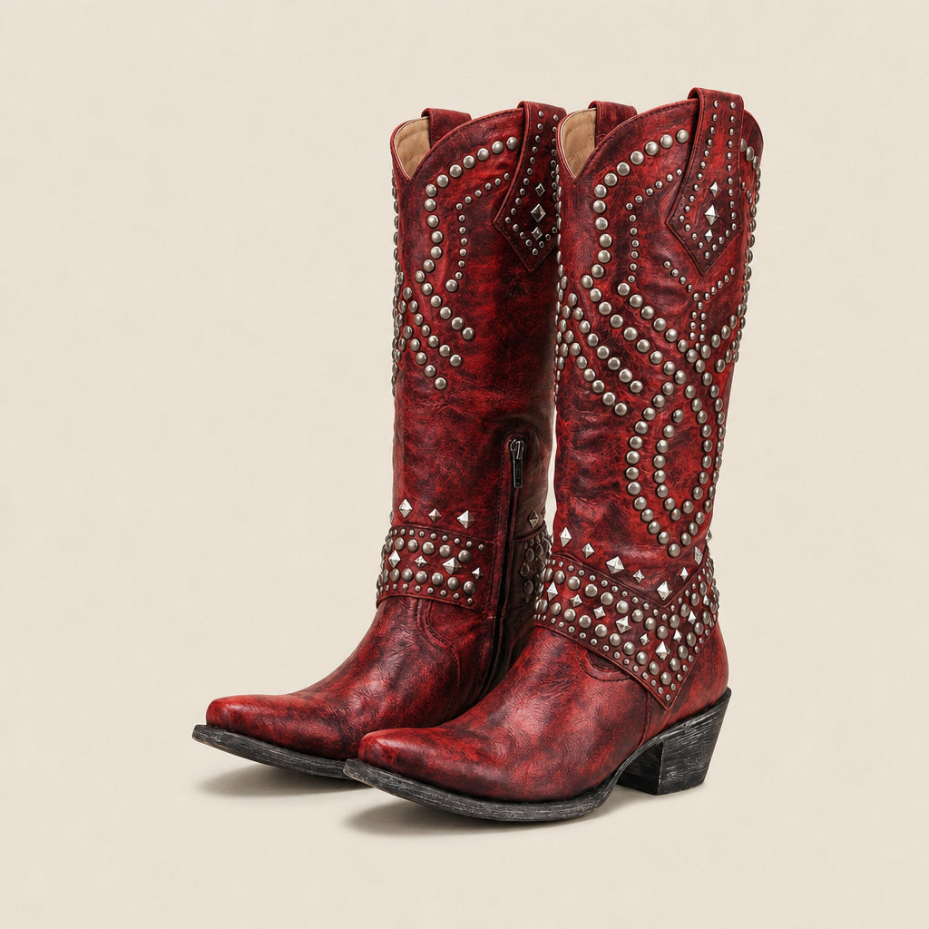 Agueda | Botas Camperas Altas con Tachuelas y Puntera Afilada - Rojo