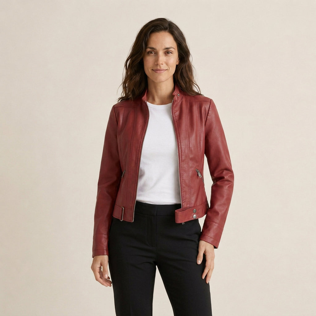 Agustina | Chaqueta Motera Efecto Piel con Cuello Mao Entallada - Burdeos