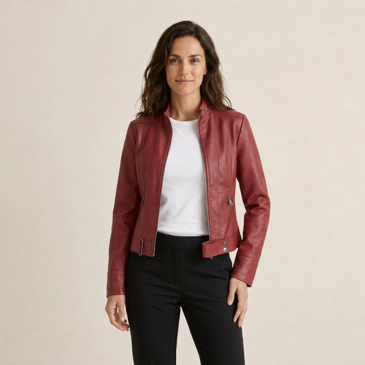 Agustina | Chaqueta Motera Efecto Piel con Cuello Mao Entallada - Burdeos