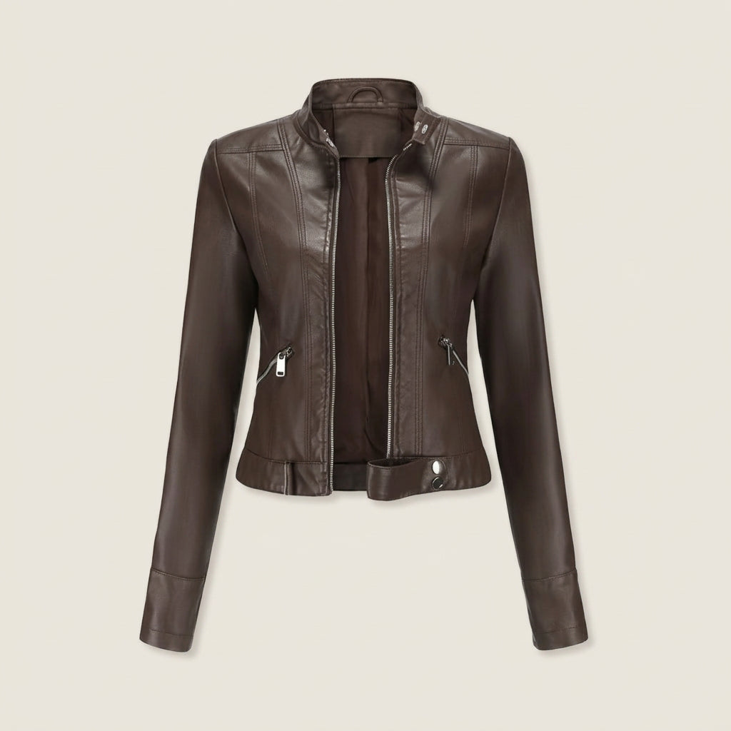 Agustina | Chaqueta Motera Efecto Piel con Cuello Mao Entallada