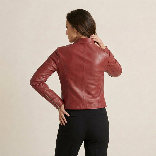 Agustina | Chaqueta Motera Efecto Piel con Cuello Mao Entallada