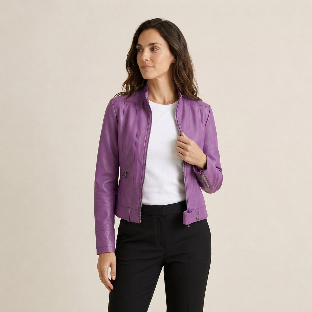 Agustina | Chaqueta Motera Efecto Piel con Cuello Mao Entallada - Morado