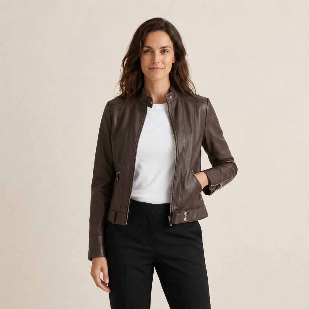 Agustina | Chaqueta Motera Efecto Piel con Cuello Mao Entallada - Marrón oscuro
