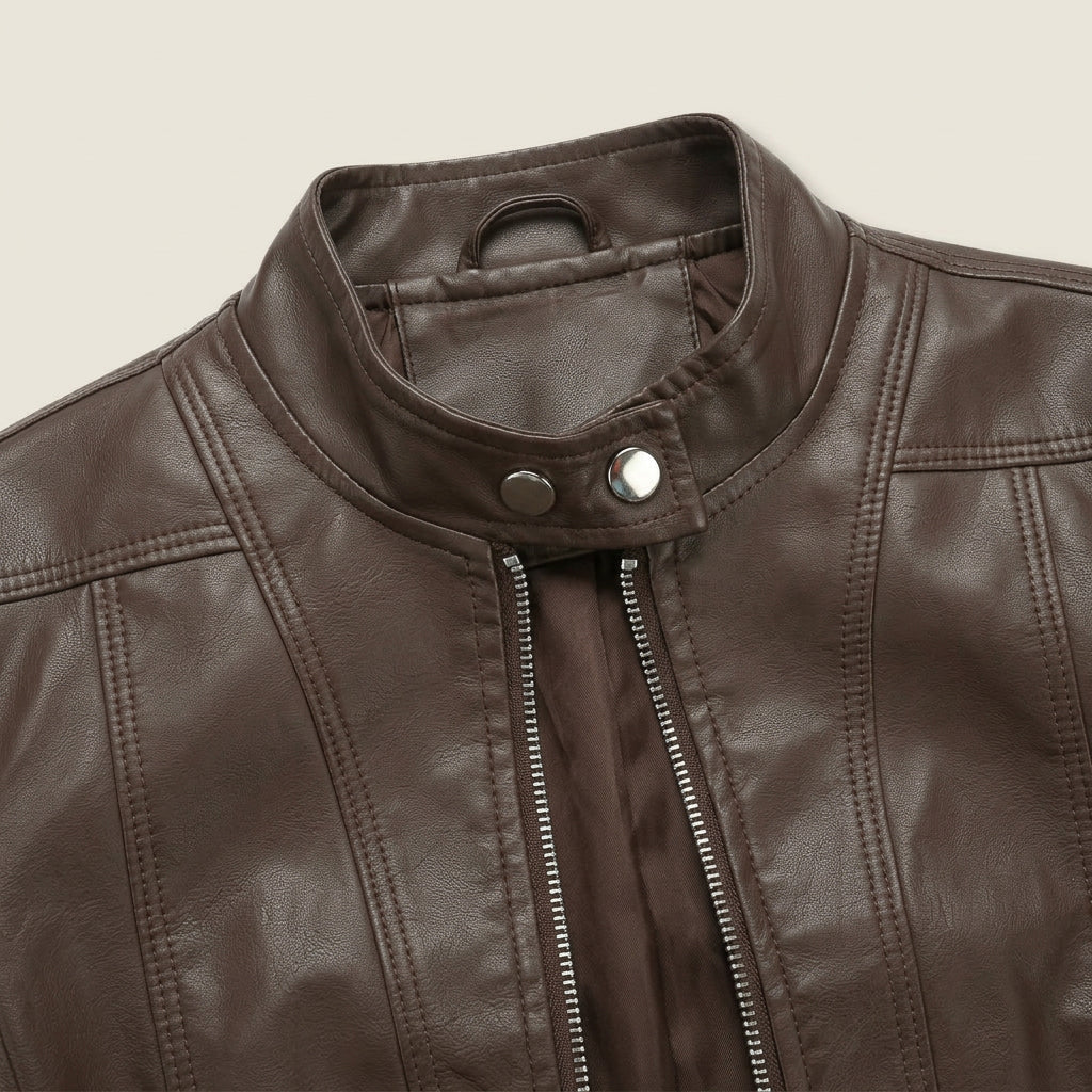 Agustina | Chaqueta Motera Efecto Piel con Cuello Mao Entallada