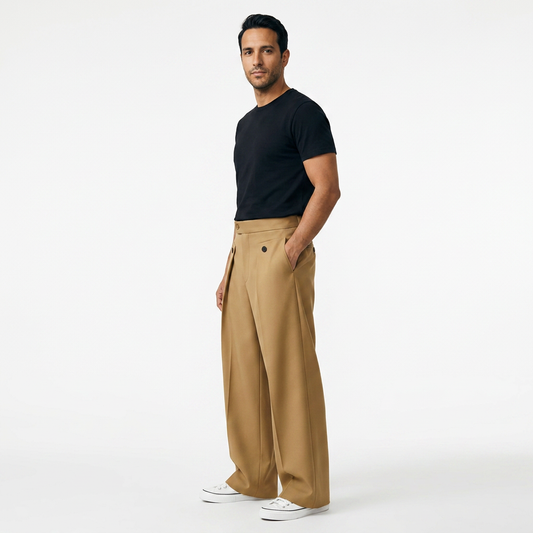 Pantalón de Pernera Ancha con Pinzas y Cintura de Botón para Hombre