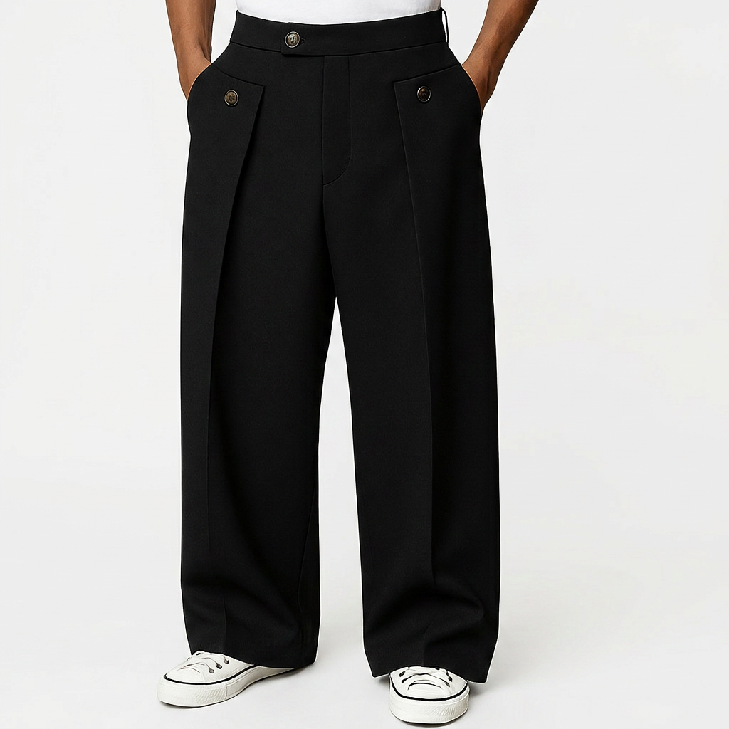 Pantalón de Pernera Ancha con Pinzas y Cintura de Botón para Hombre - Negro
