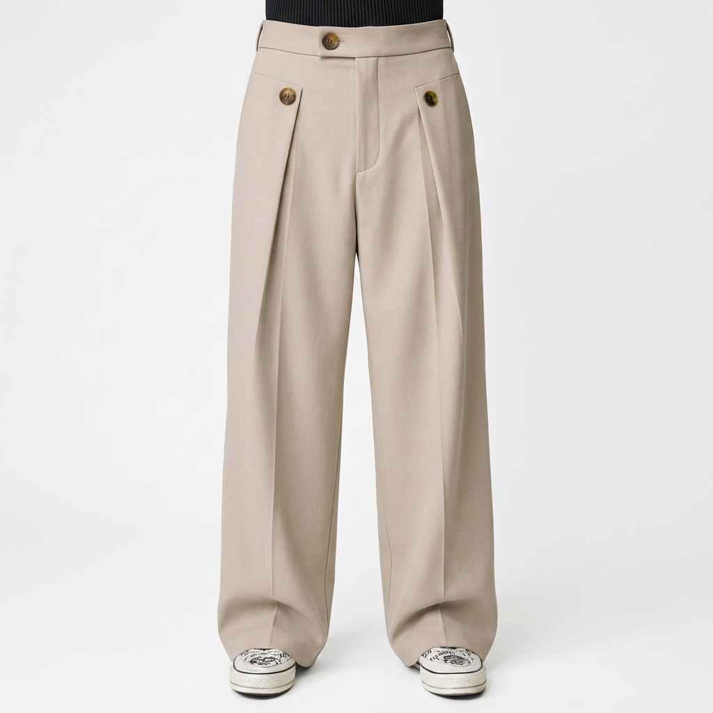 Pantalón de Pernera Ancha con Pinzas y Cintura de Botón para Hombre - Beige