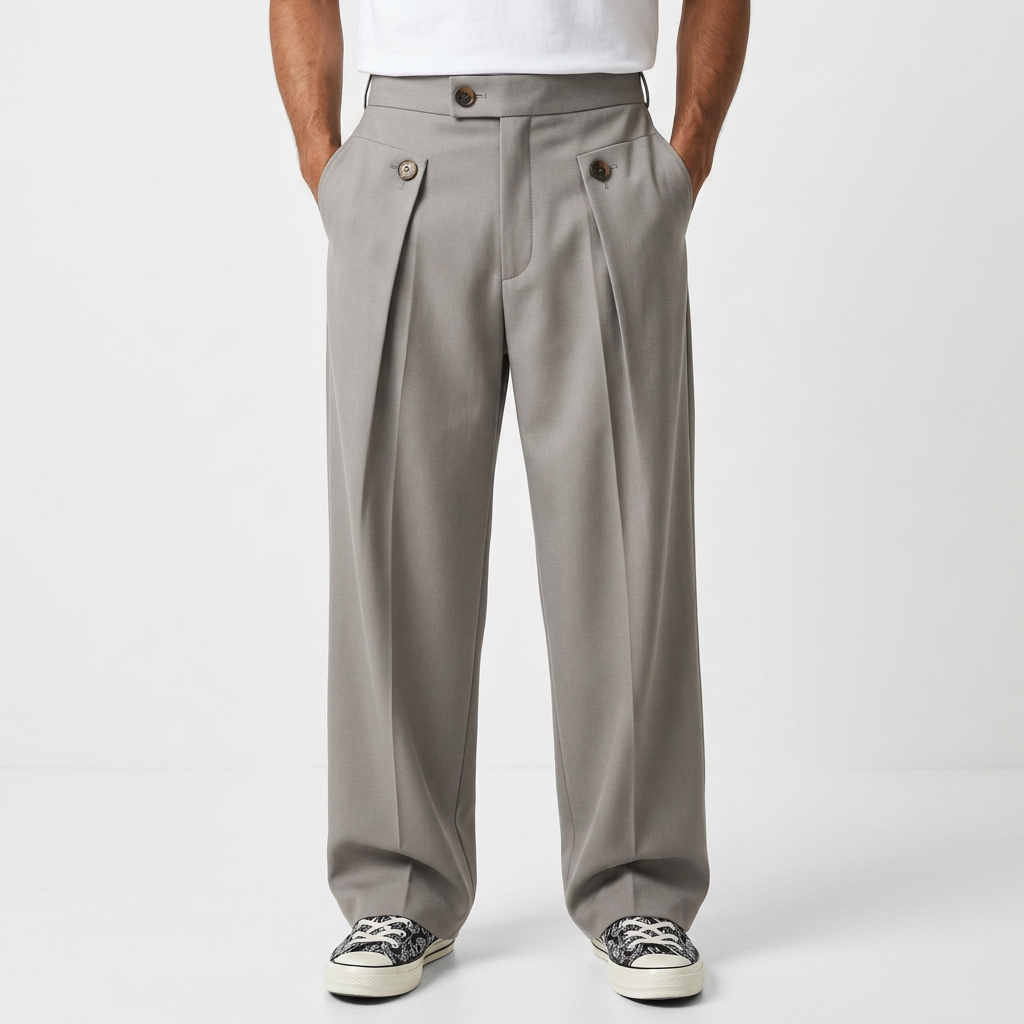 Pantalón de Pernera Ancha con Pinzas y Cintura de Botón para Hombre - Gris