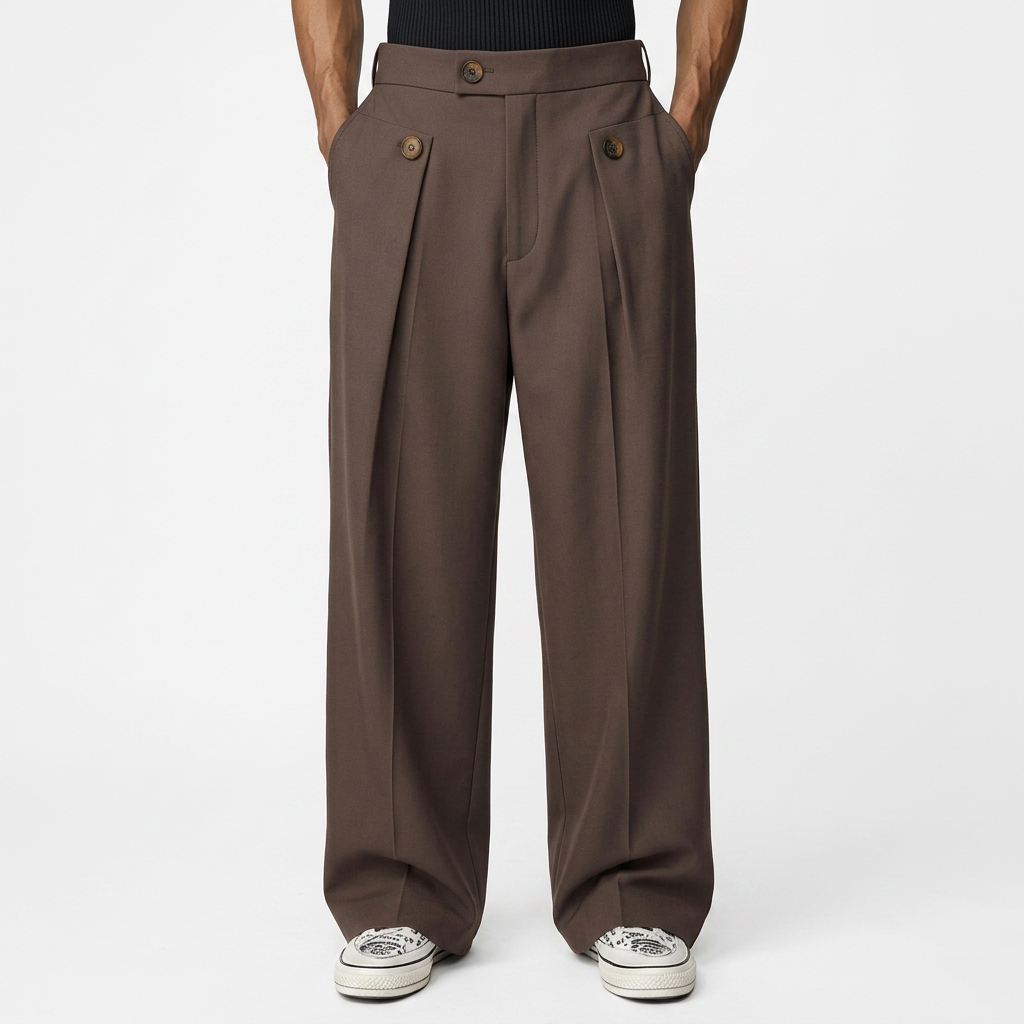 Pantalón de Pernera Ancha con Pinzas y Cintura de Botón para Hombre - Marrón