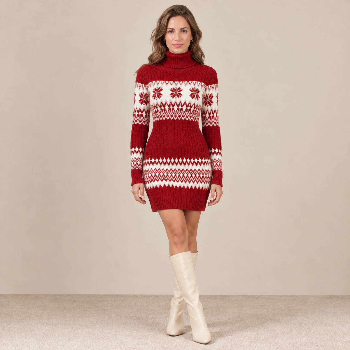 Albertina | Vestido Corto de Punto con Cuello Alto y Motivo Navideño - Rojo