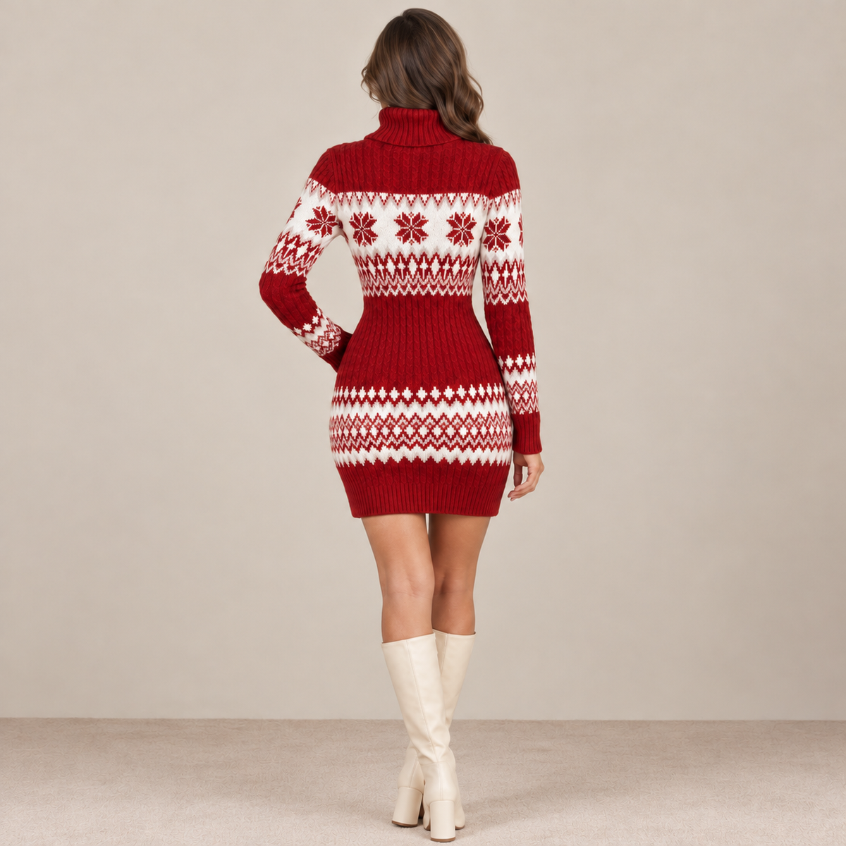 Albertina | Vestido Corto de Punto con Cuello Alto y Motivo Navideño