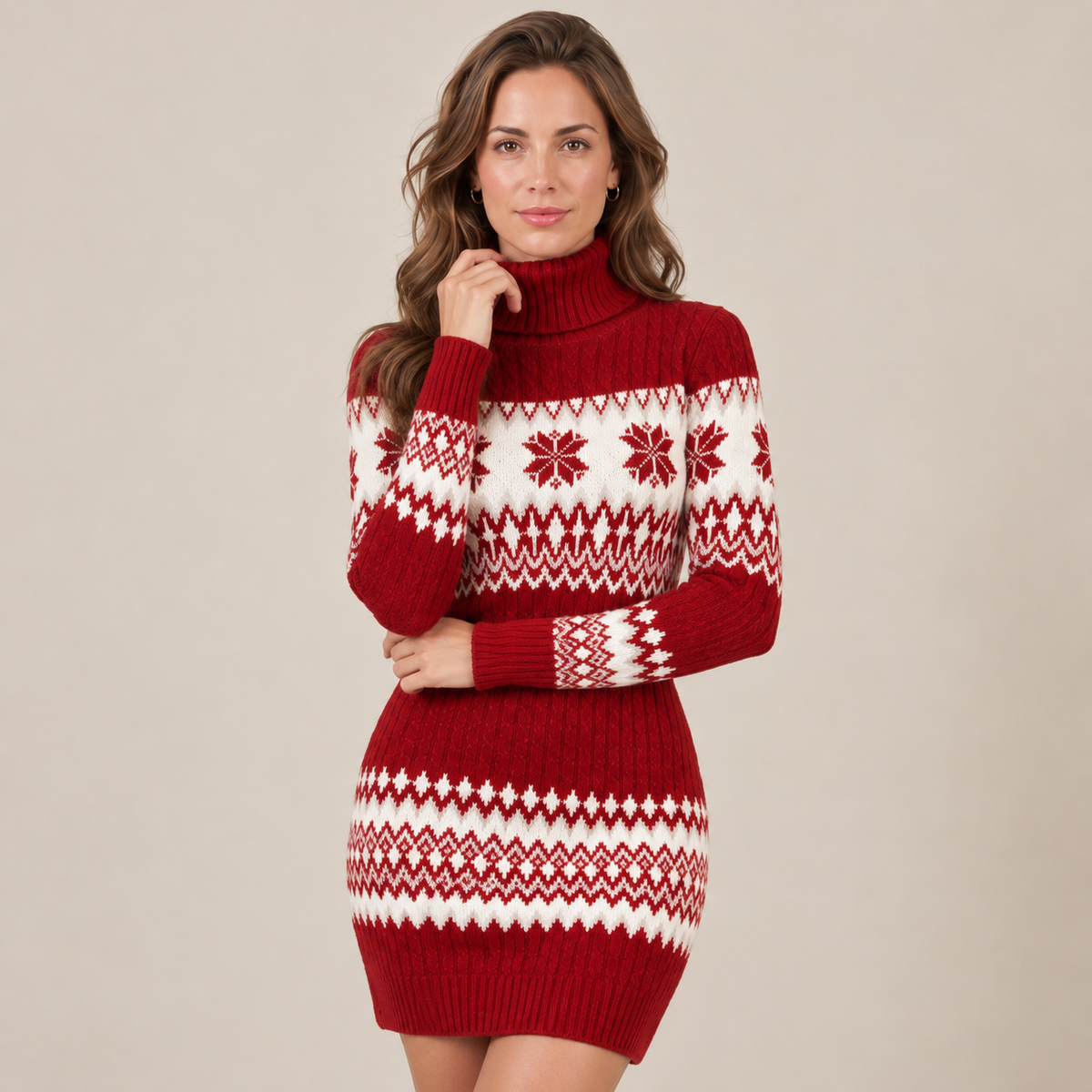 Albertina | Vestido Corto de Punto con Cuello Alto y Motivo Navideño