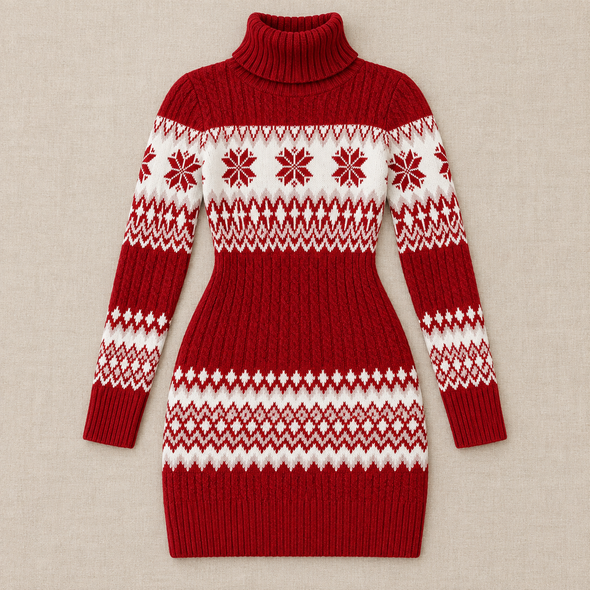 Albertina | Vestido Corto de Punto con Cuello Alto y Motivo Navideño