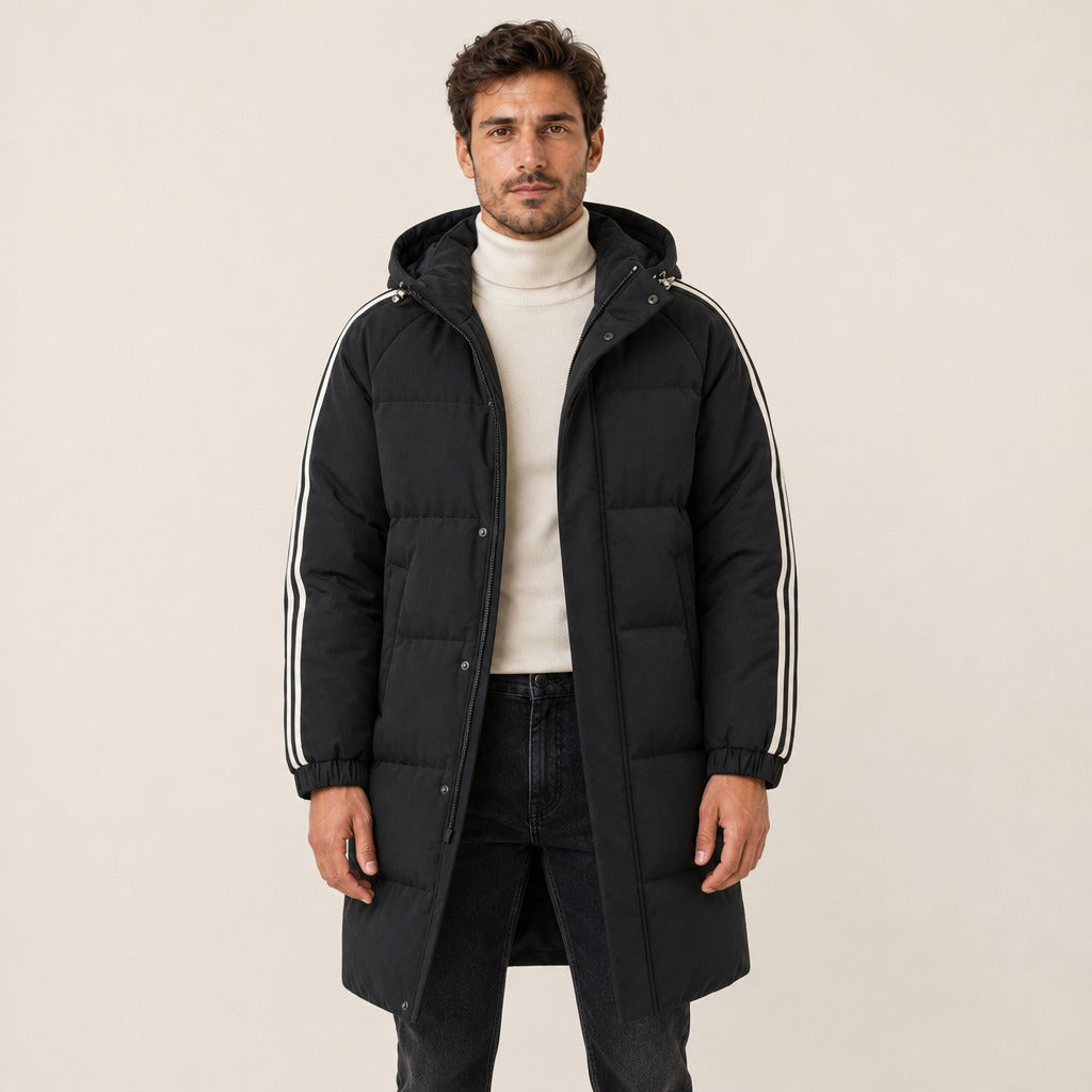 Alberto | Abrigo Largo Acolchado de Hombre con Capucha y Franjas en las Mangas - Negro