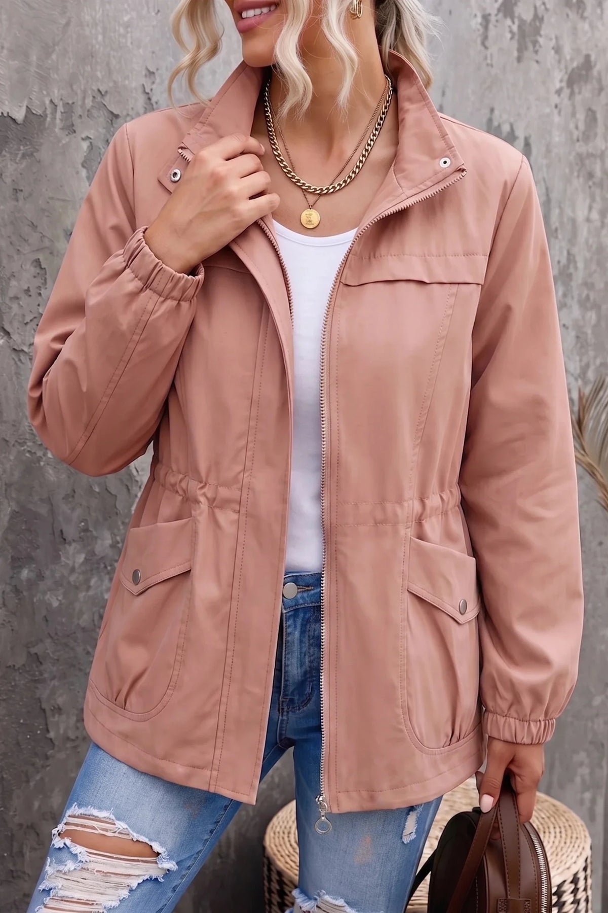 Alejandra | Chaqueta Ligera Resistente al Agua con Cintura Ajustable - Rosa palo