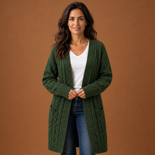Alexia | Cárdigan Largo de Punto Trenzado con Capucha y Bolsillos - Verde