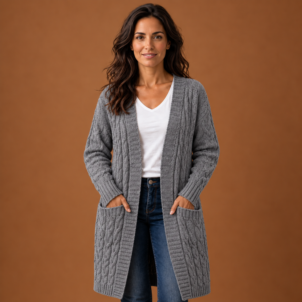 Alexia | Cárdigan Largo de Punto Trenzado con Capucha y Bolsillos - Gris