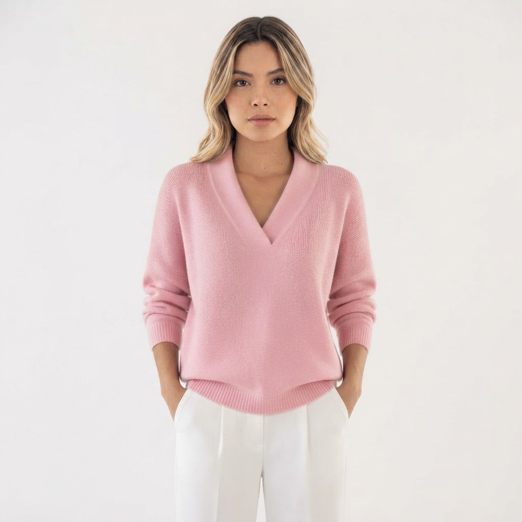 Jersey de Punto Suave con Cuello de Pico y Manga Larga - Rosa