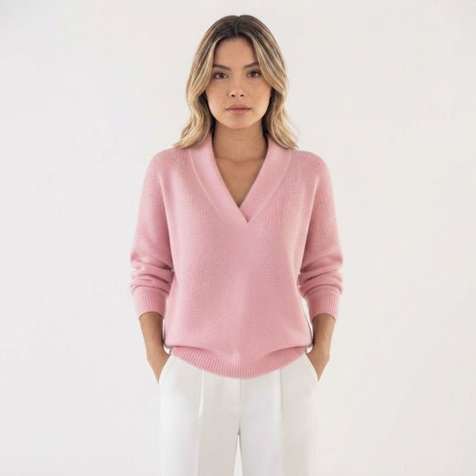 Jersey de Punto Suave con Cuello de Pico y Manga Larga - Rosa