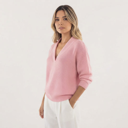 Jersey de Punto Suave con Cuello de Pico y Manga Larga