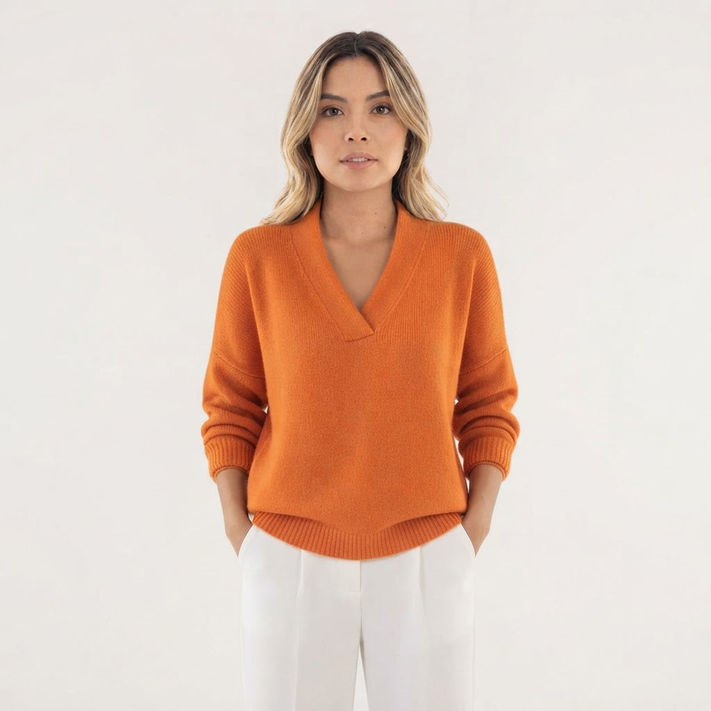 Jersey de Punto Suave con Cuello de Pico y Manga Larga - Naranja