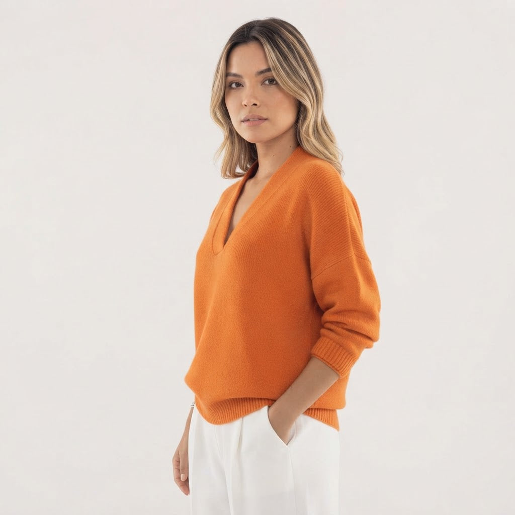 Jersey de Punto Suave con Cuello de Pico y Manga Larga