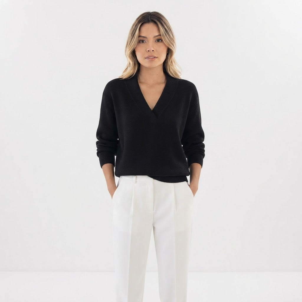 Jersey de Punto Suave con Cuello de Pico y Manga Larga - Negro