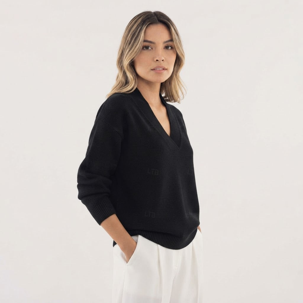Jersey de Punto Suave con Cuello de Pico y Manga Larga
