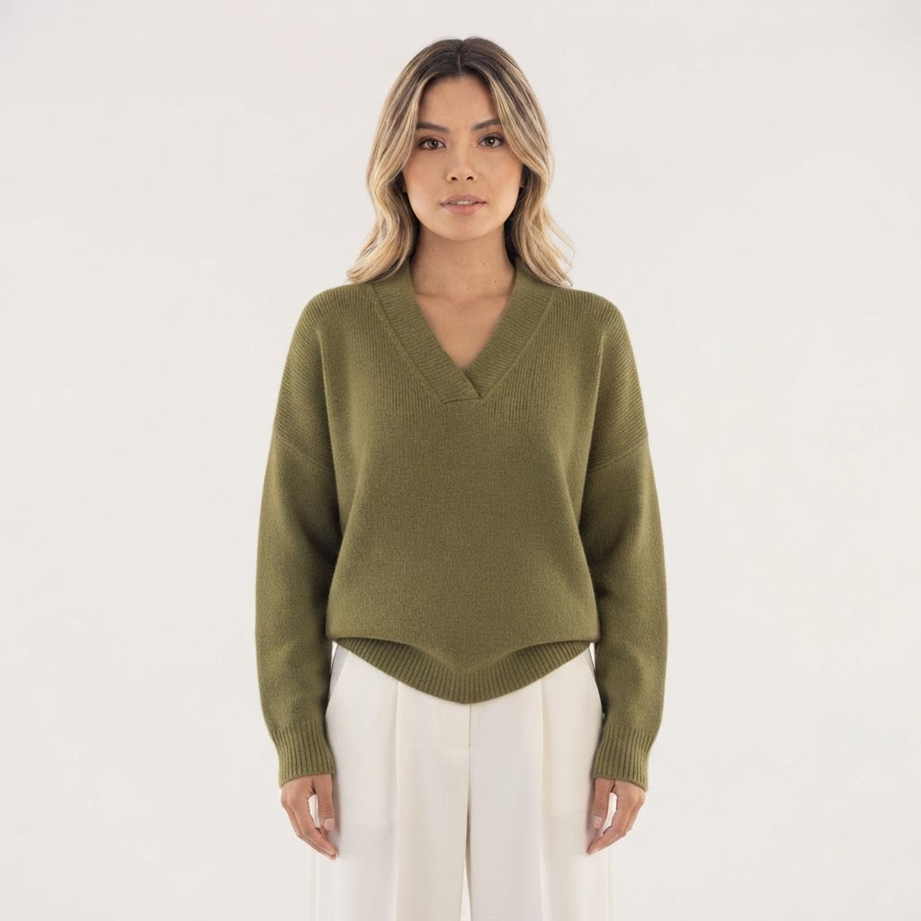 Jersey de Punto Suave con Cuello de Pico y Manga Larga - Verde