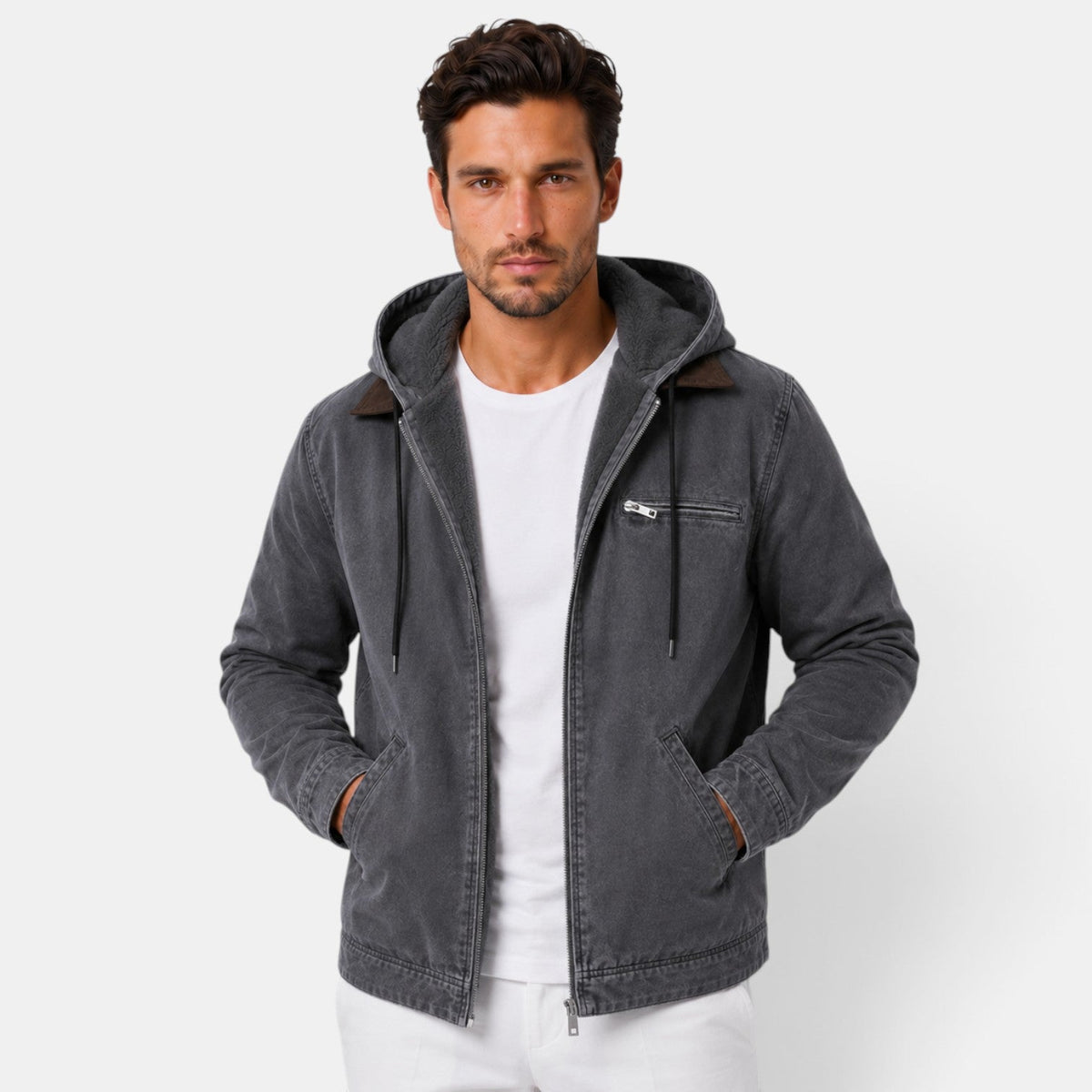 Ander | Chaqueta de Hombre con Capucha y Forro Polar - Gris
