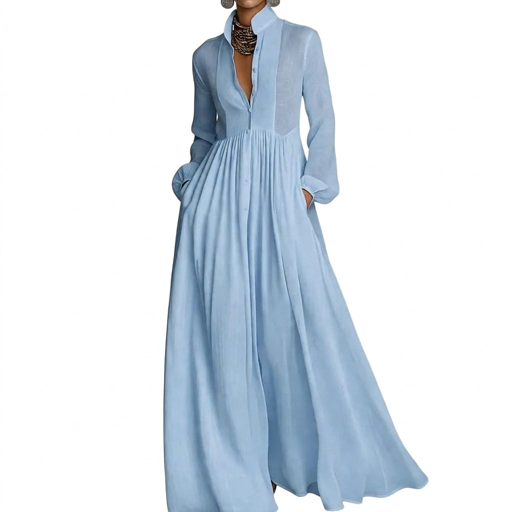 Andrea | Vestido Camisero Largo de Manga Larga con Botones y Bolsillos - Azul claro