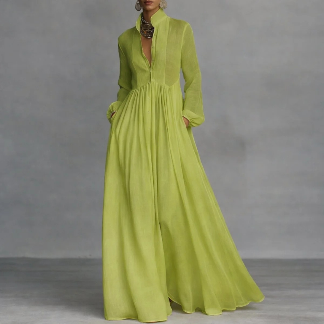 Andrea | Vestido Camisero Largo de Manga Larga con Botones y Bolsillos - Verde lima
