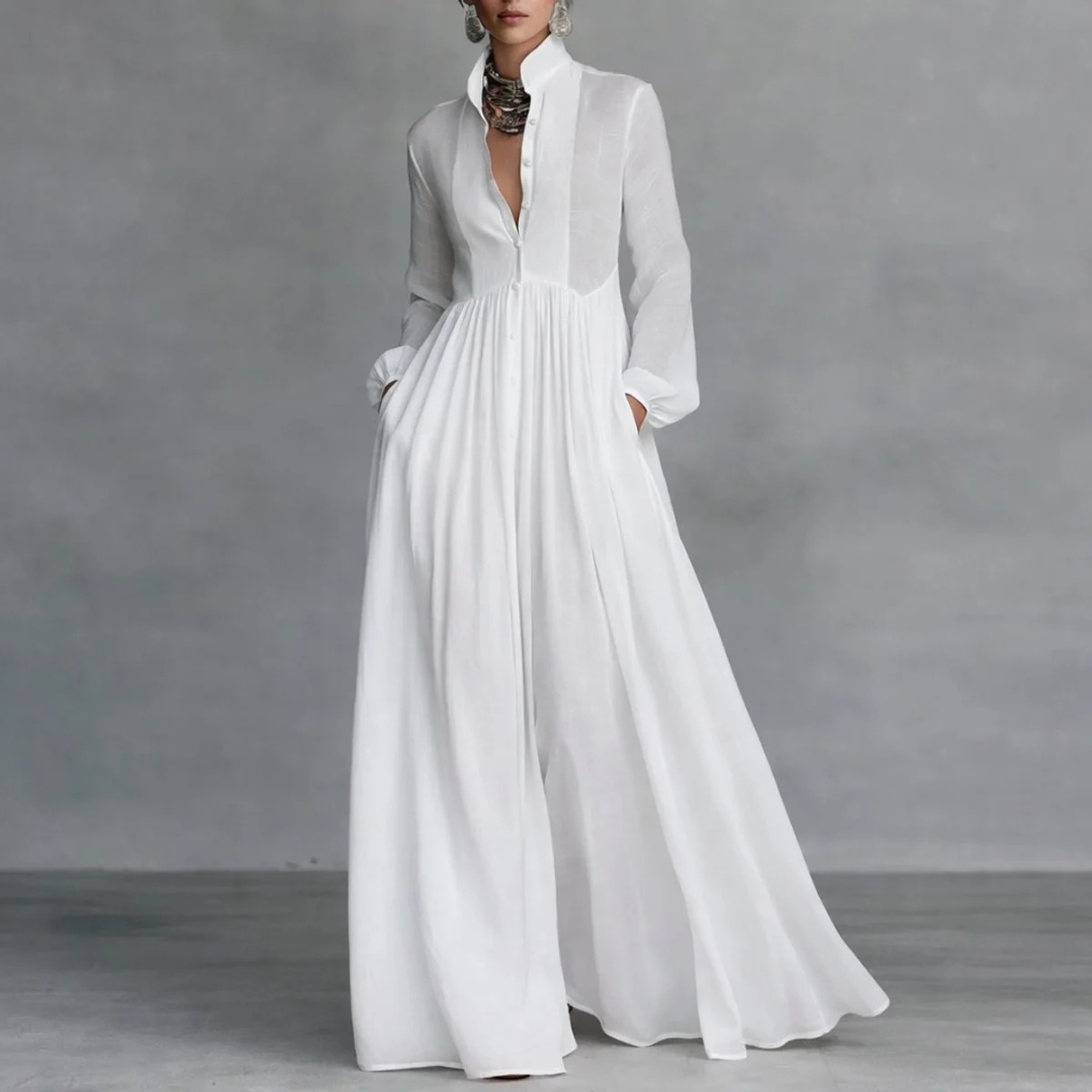 Andrea | Vestido Camisero Largo de Manga Larga con Botones y Bolsillos - Blanco
