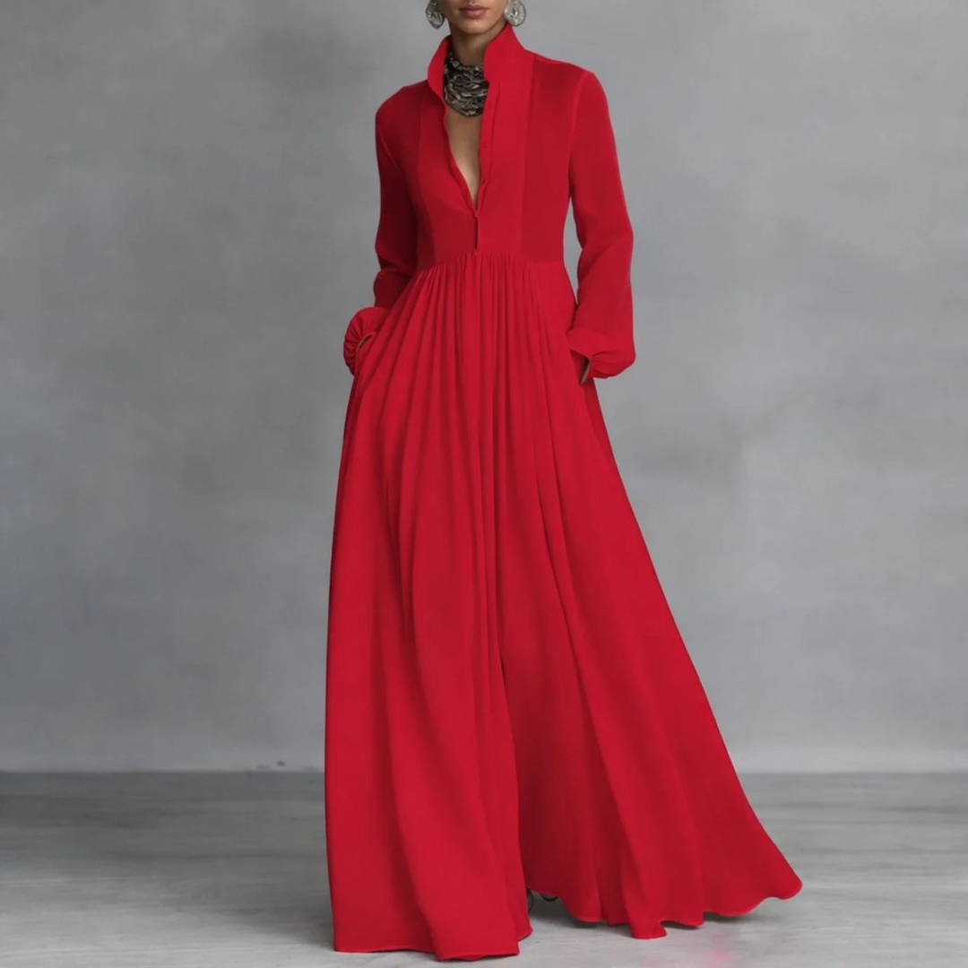 Andrea | Vestido Camisero Largo de Manga Larga con Botones y Bolsillos - Rojo