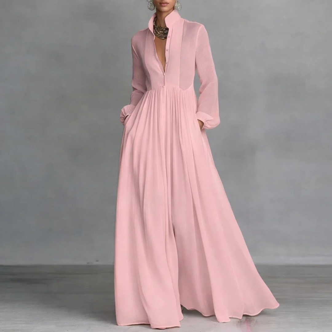 Andrea | Vestido Camisero Largo de Manga Larga con Botones y Bolsillos - Rosa