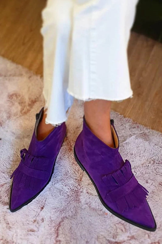 Angelina | Botines Efecto Ante con Flecos y Punta Fina - Morado